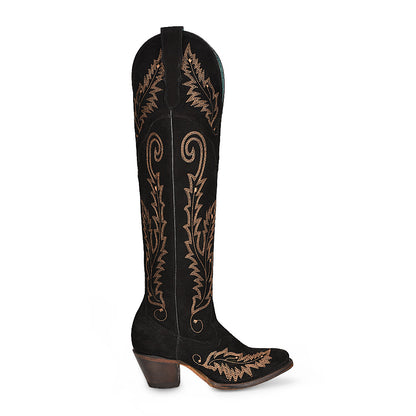 Corral Black Suede Embroidery J Toe Tall Boot