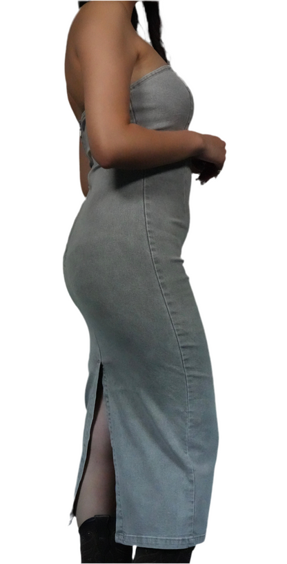 Women's Denim Strapless Bodycon Midi Dress - Grey Wash