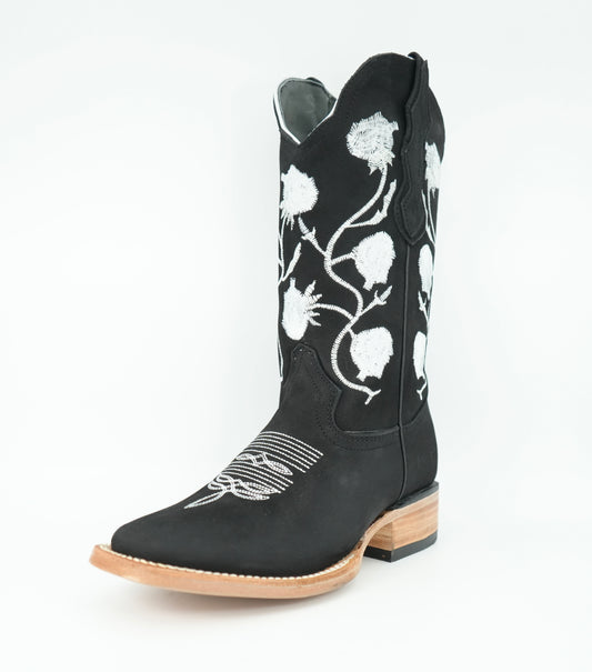 White Diamond Women's Black Roses Square Toe Leather Boot