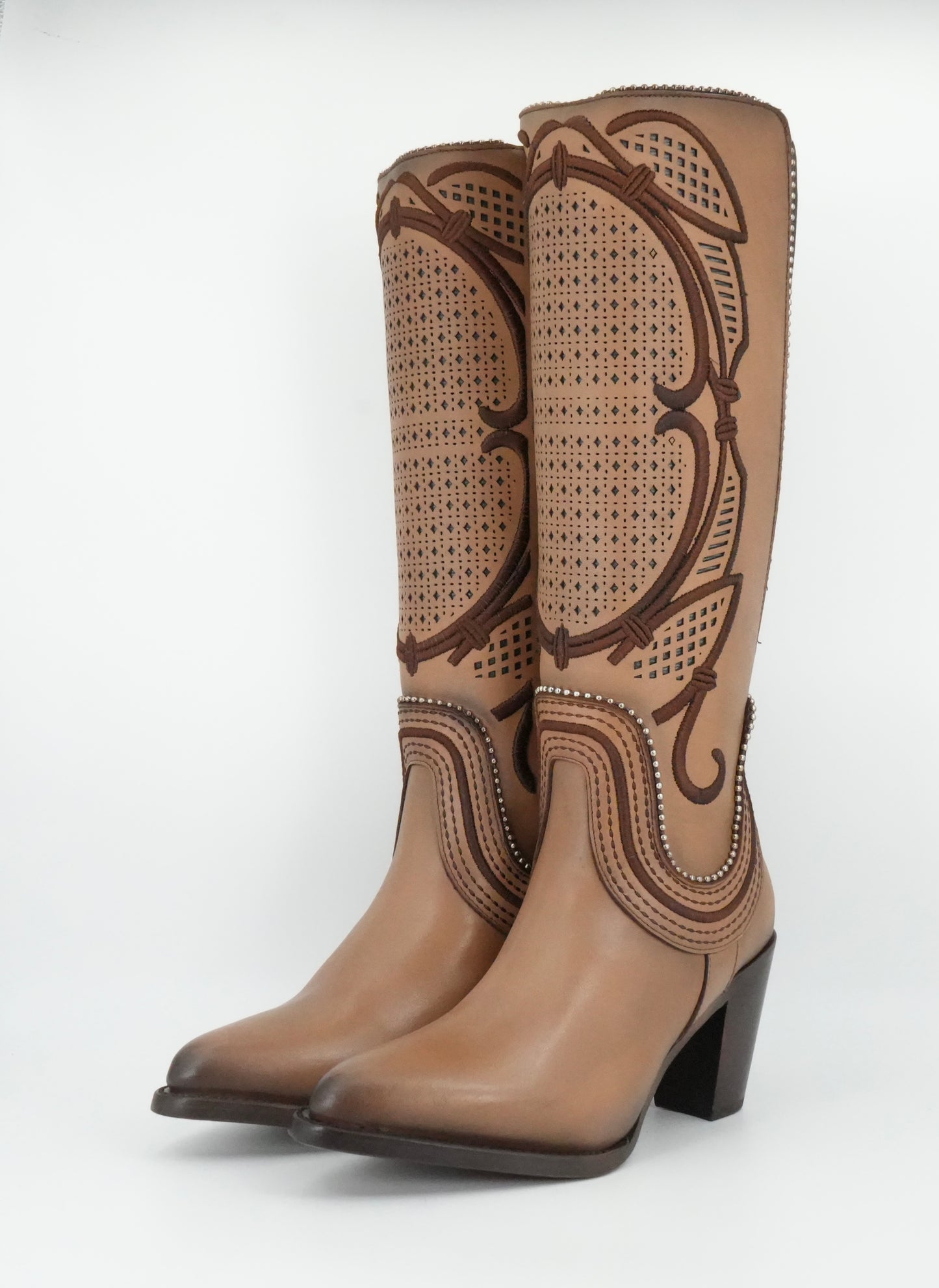Cuadra Women's LD Almond Laser & Embroidery & Studs & Zipper Soho Arena Tall Boot