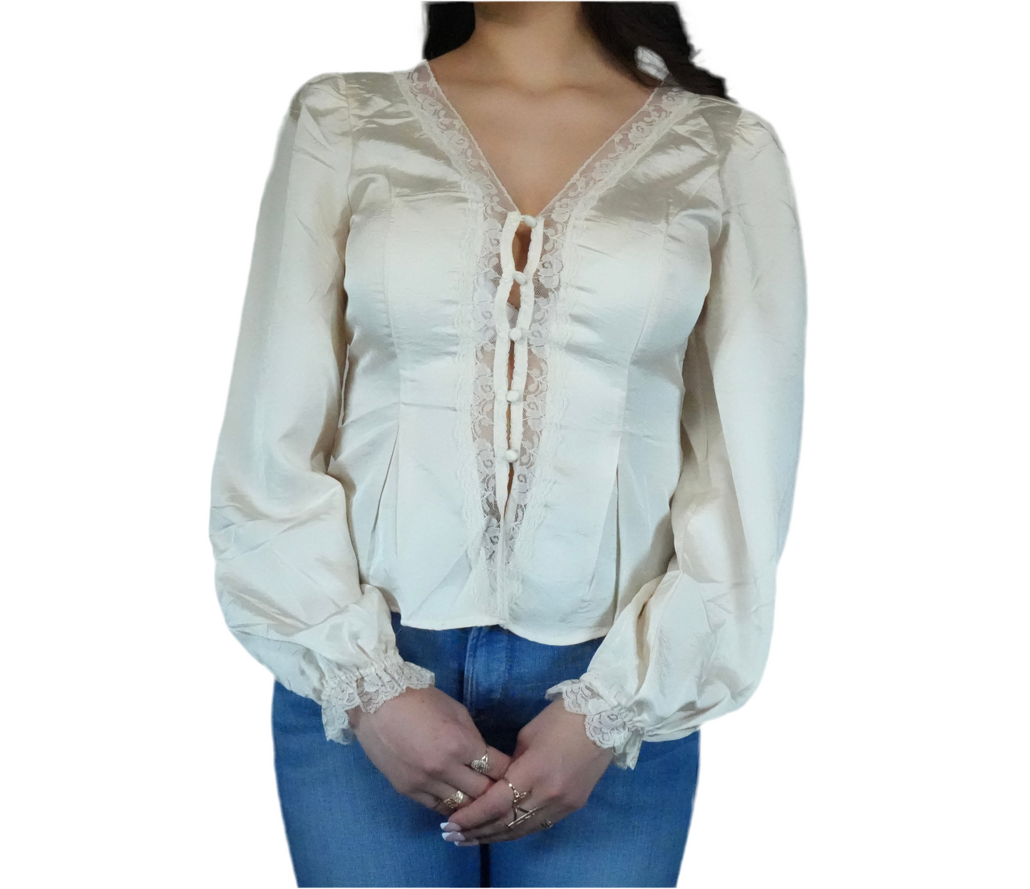 Blue B Women's V Neck Lace Puff Sleeve Blouse - Champagne