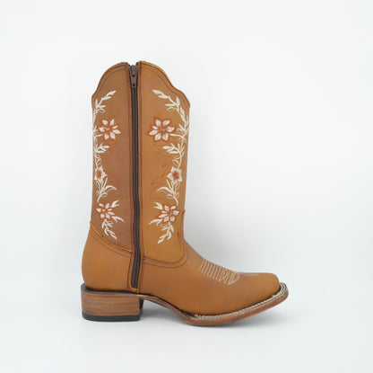 La Sierra Women's Zipper Floral Rust Stitch Square Toe Boot - Tang