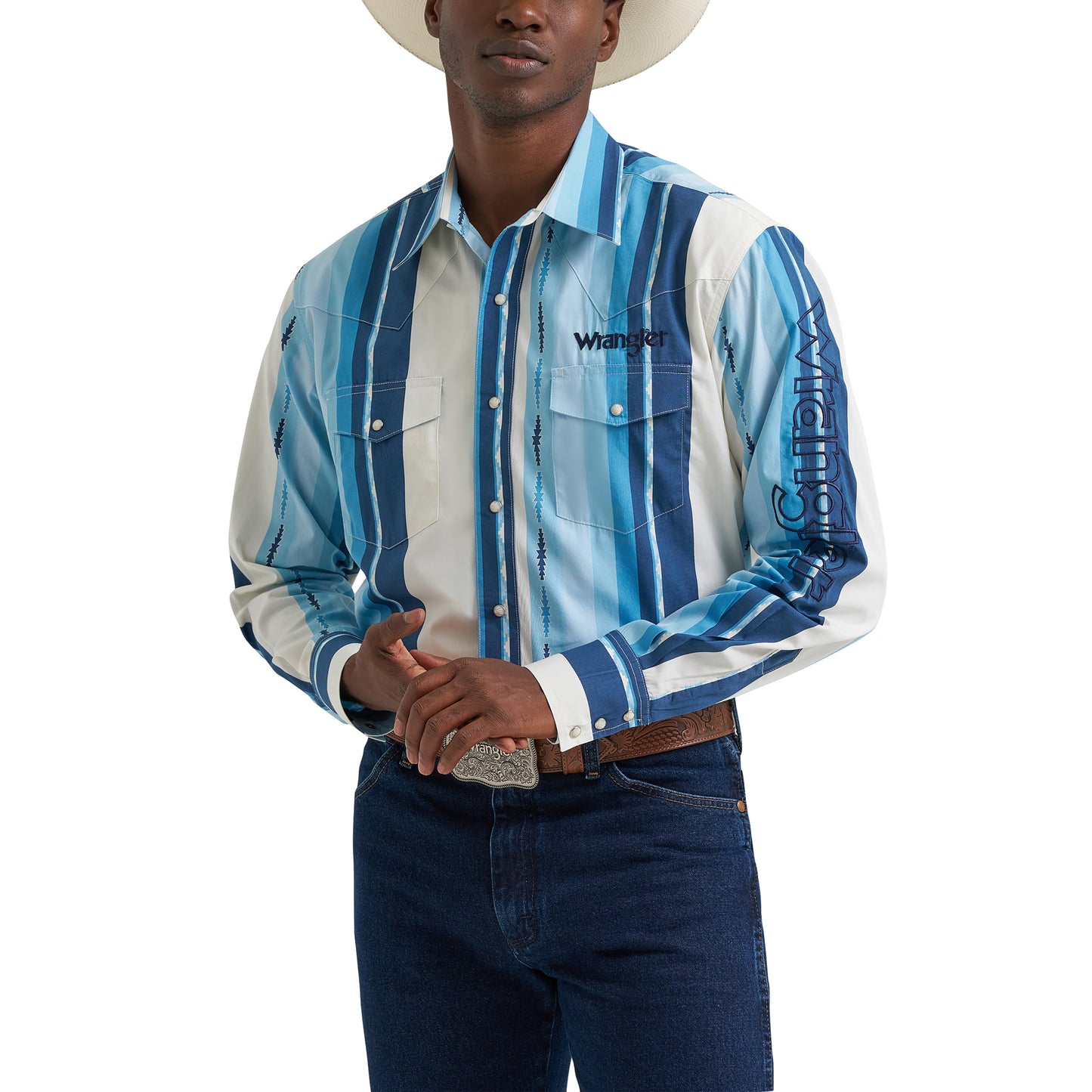 Men's Wrangler Logo Long Sleeve Striped Shirt - Blue Clouds