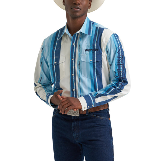Men's Wrangler Logo Long Sleeve Striped Shirt - Blue Clouds