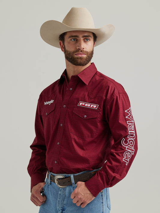 Wrangler Men's PBR Logo Long Sleeve Cherry Western Snap Shirt