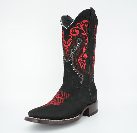 White Diamond Women's Nobuck Black Red Square Toe Boot