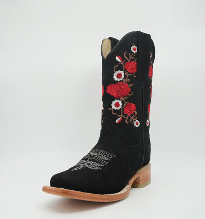 Stephy Women's Nobuck Black Floral Square Toe Boot