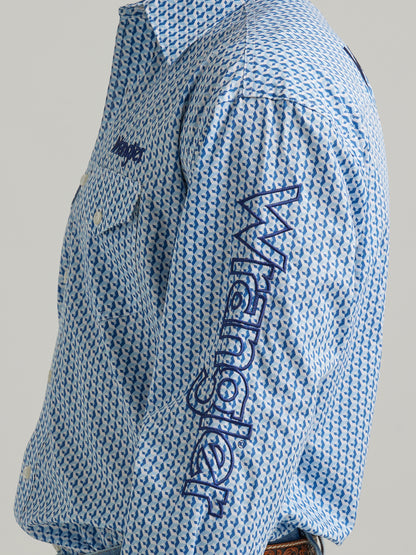 Wrangler Men's Logo Long Sleeve Western Button Down Shirt Light Blue Print