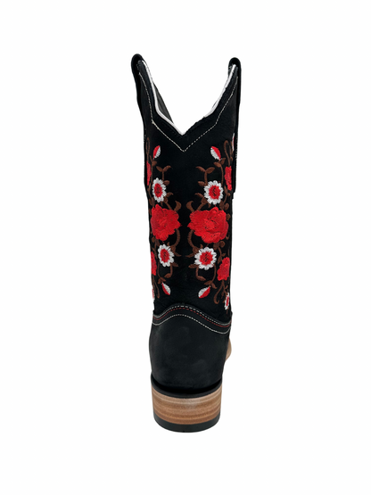 White Diamond Women's Black Red Floral Square Toe Leather Boot