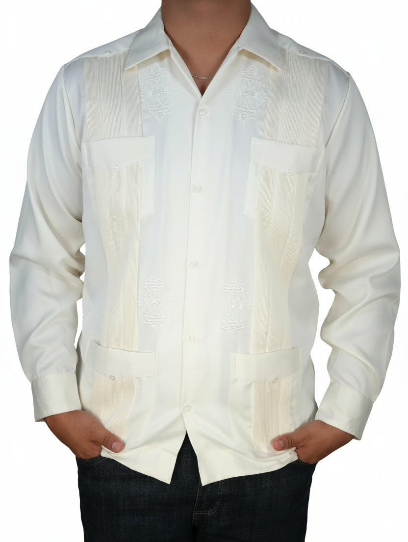 Copacabana Men's Long Sleeve Polyester Guayabera - Bone