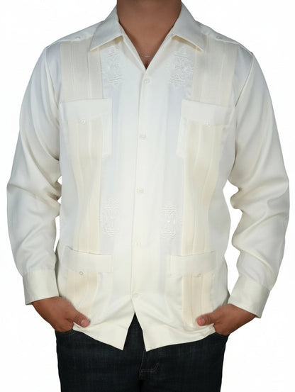 Copacabana Men's Long Sleeve Polyester Guayabera - Bone