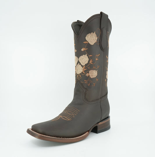 Vaquero Signature Women’s Brown Grasso Flowers Wide Square Toe Boot