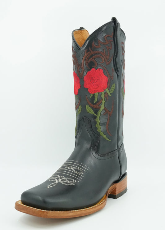 La Sierra Women's Black Embroidered Roses Square Toe Boot