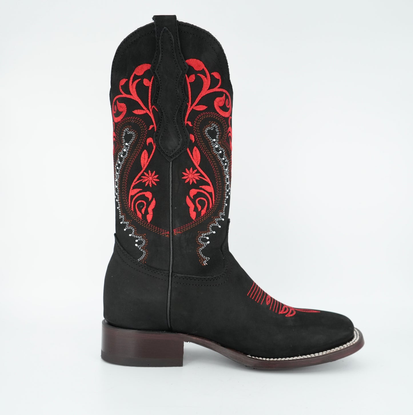 White Diamond Women's Nobuck Black Red Square Toe Boot