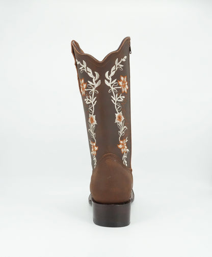 La Sierra Women's Zipper Floral Rust Stitch Square Toe Boot - Brown