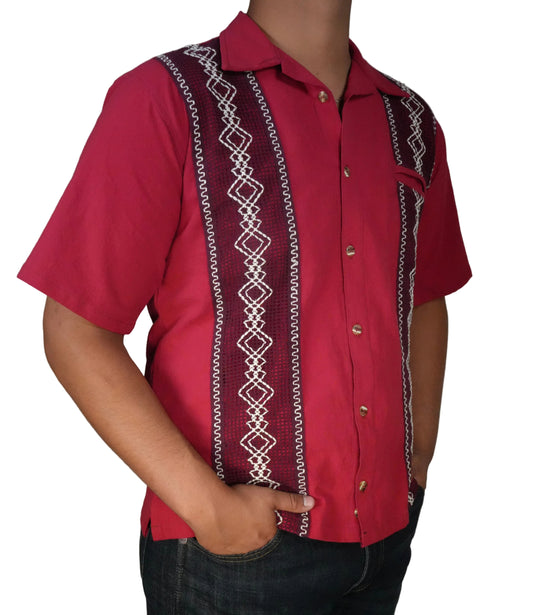 Men's Short Sleeve Cotton Guayabera - Burgundy