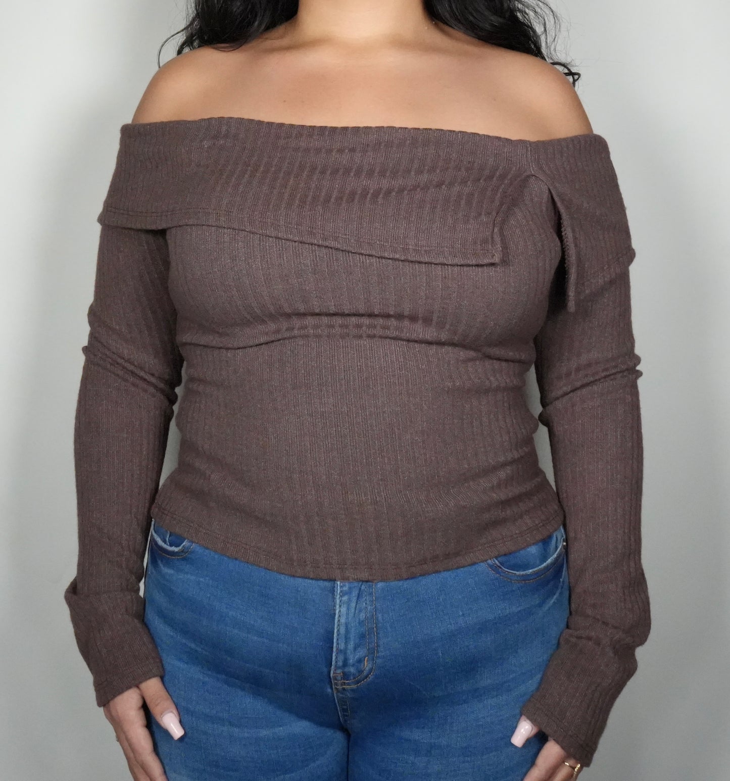 Ijoah Women's Foldover Off Shoulder Long Sleeve Top - Brown