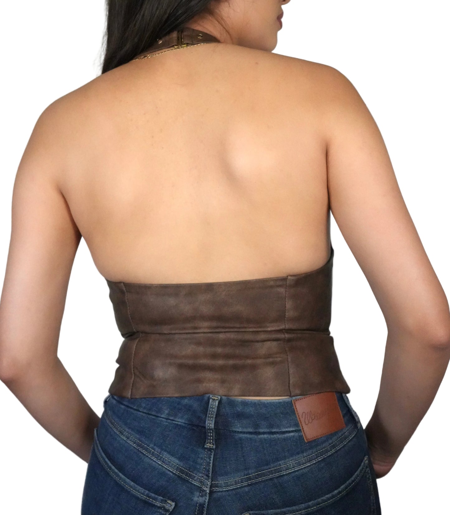 Women's V-Neck Lather Halter Top - Dark Brown