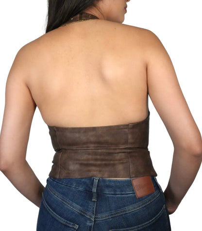 Women's V-Neck Lather Halter Top - Dark Brown