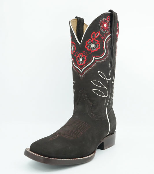 El General Nobuck Brown Red Floral Embroided Boot