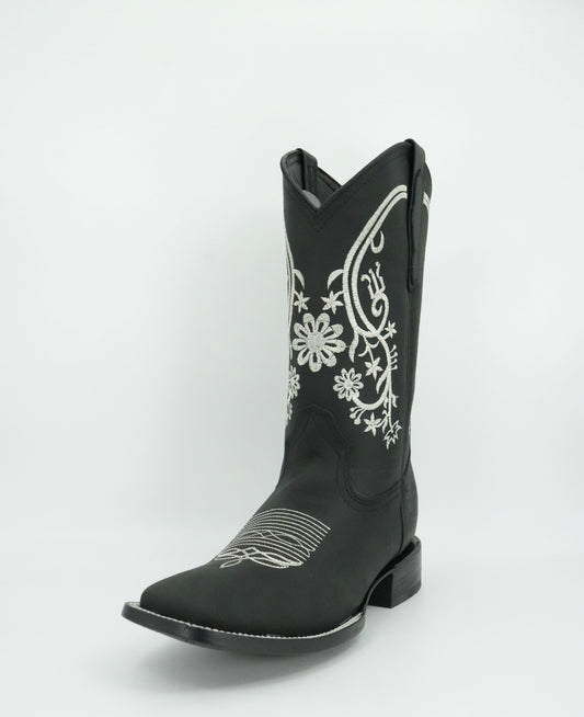 Centenario Women's Black Floral Embroidered Wide Square Toe Boot