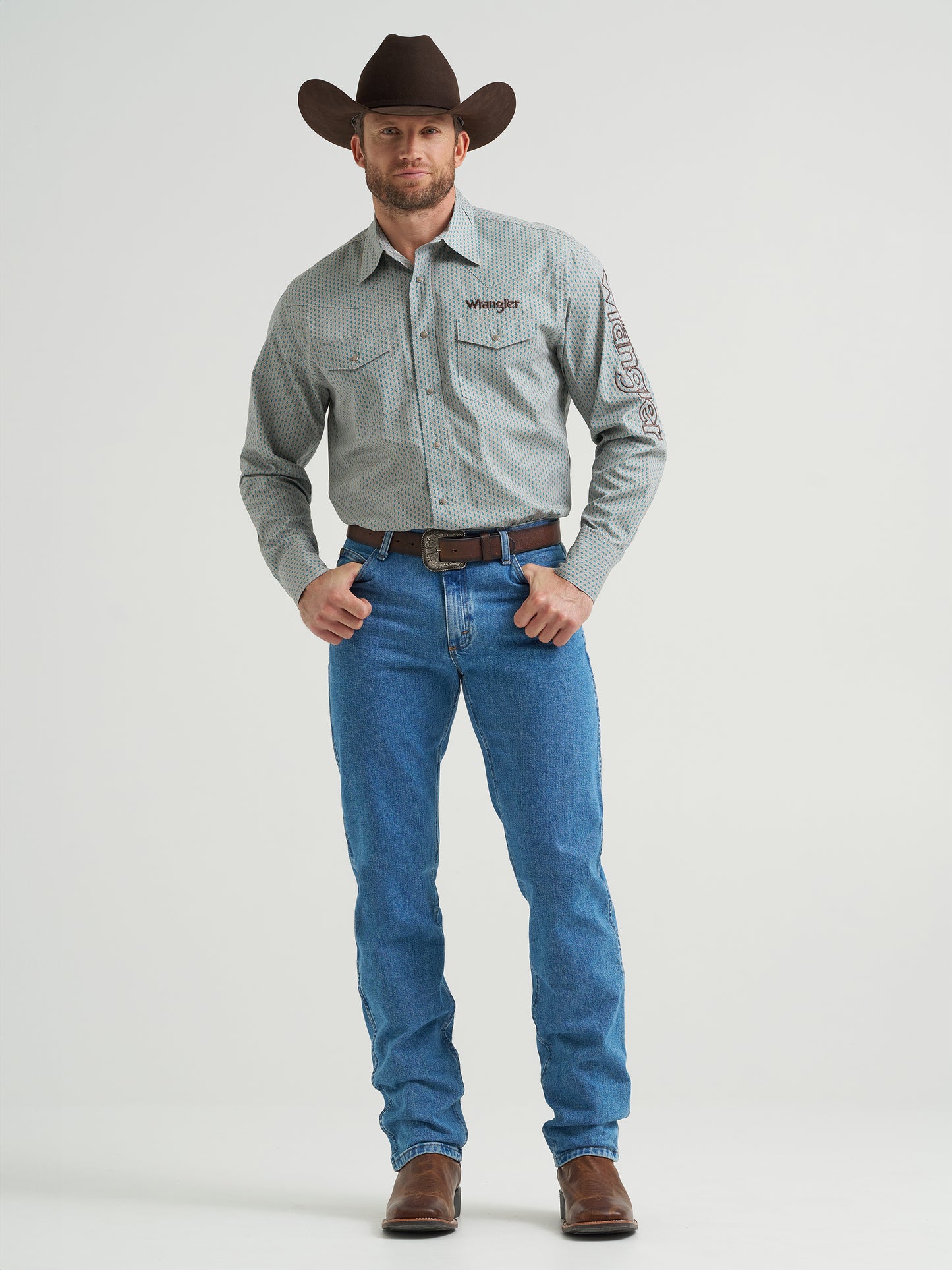 Wrangler Men's Logo Long Sleeve Western Snap Button Shirt - Peacock