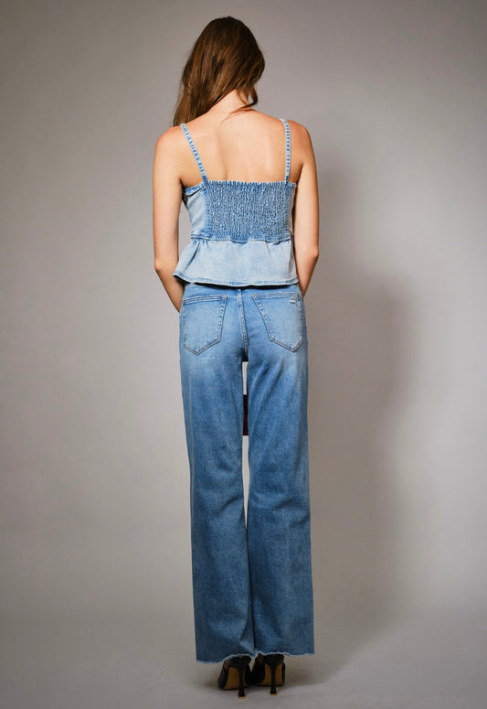 Blue B Women's Western Buckle Denim Peplum Top - Light Wash