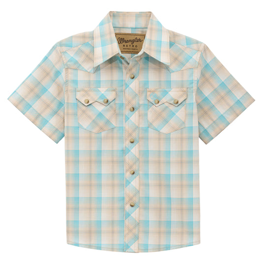 Wrangler Boy's Retro Short Sleeve Western Snap Shirt - Plaid Tan/Blue
