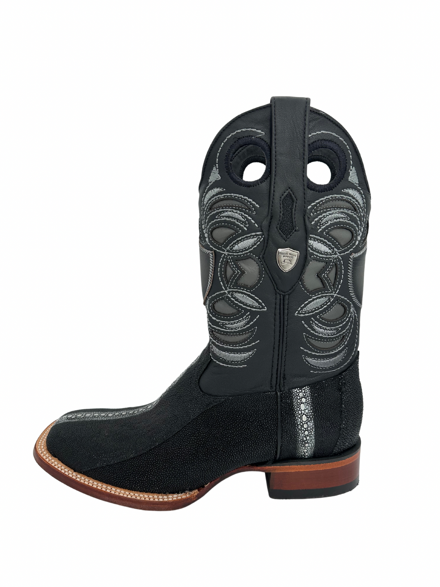 Wild West Men's Black Genuine Stingray Rowstone Wide Square Toe Boot