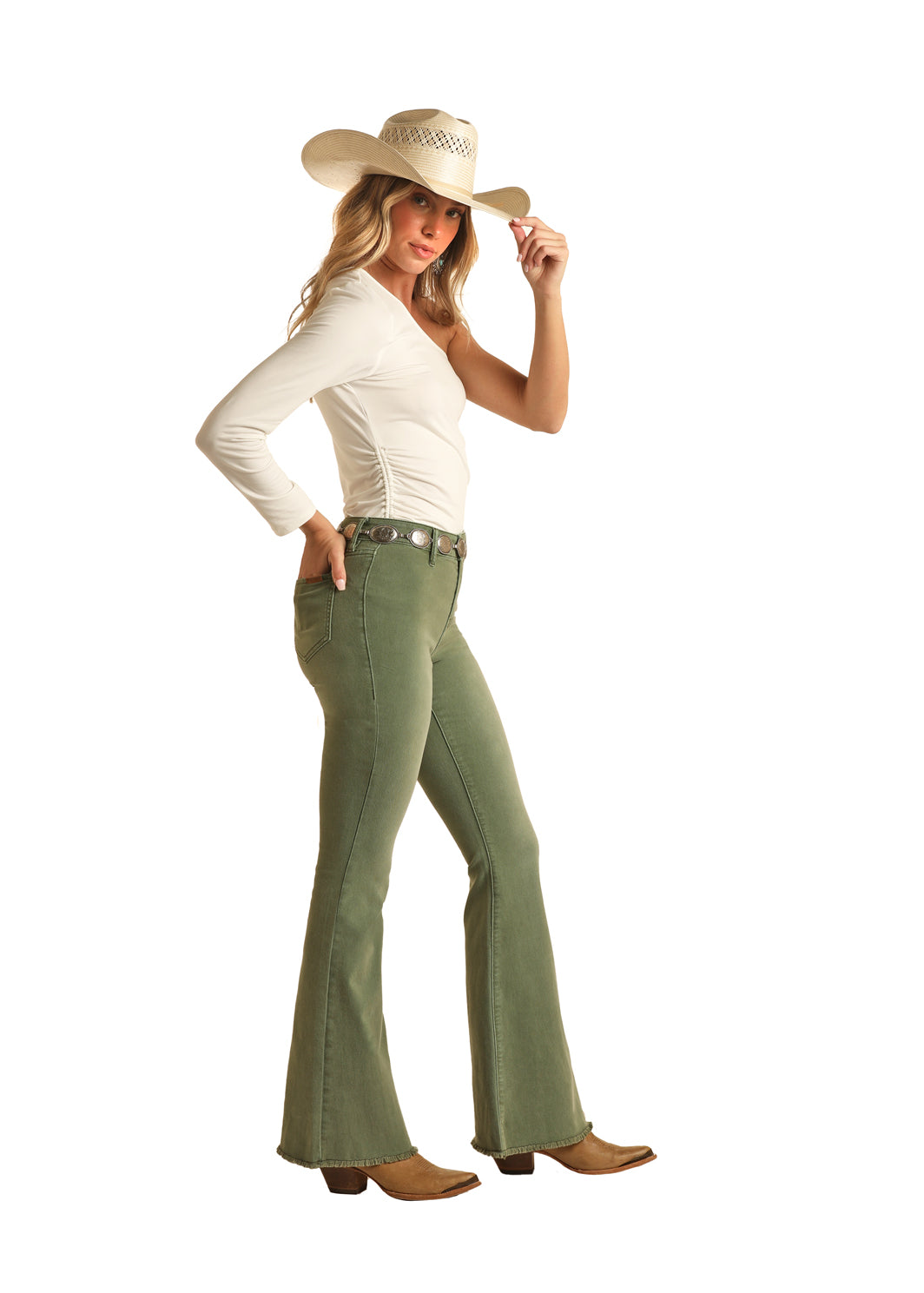 Rock & Roll Denim High Rise Extra Stretch Army Green Flare Jean
