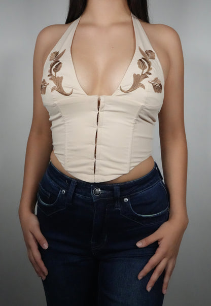 Women's Embroidered Maisie Halter Top - Oatmeal