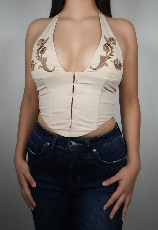 Women's Embroidered Maisie Halter Top - Oatmeal