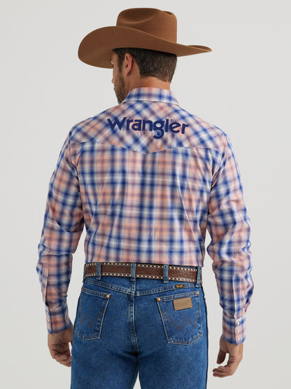 Wrangler Men's Logo Long Sleeve Western Snap Shirt Orange Blue