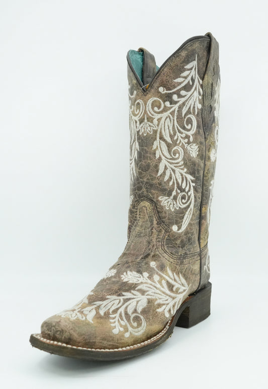 Corral Women’s Brown/White Embroidery Glow in the Dark Narrow Square Toe Boot