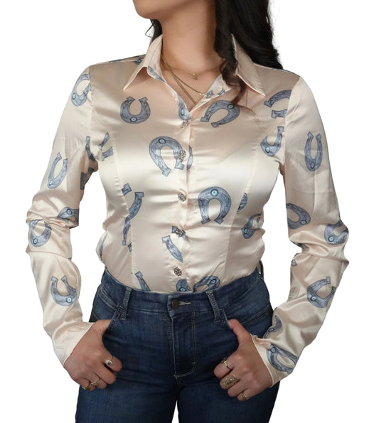 Blue B Women's Button Down Western Print Bodysuit - Sand (Final Sale)
