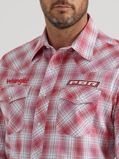 Wrangler Men's PBR Logo Long Sleeve Cherry Plaid Western Snap Shirt