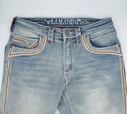 Lamasini Men's Premium Stitched Bull Pocket Light Blue Bootcut Jean