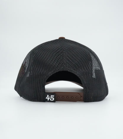 45 Cursive Trucker Cap- White/Chocolate