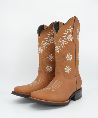 Stephy Women's Crazy Brown Floral Wide Square Toe Boot