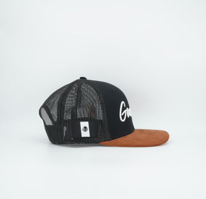 45 Guerrero Cursive Trucker Cap Black Rust