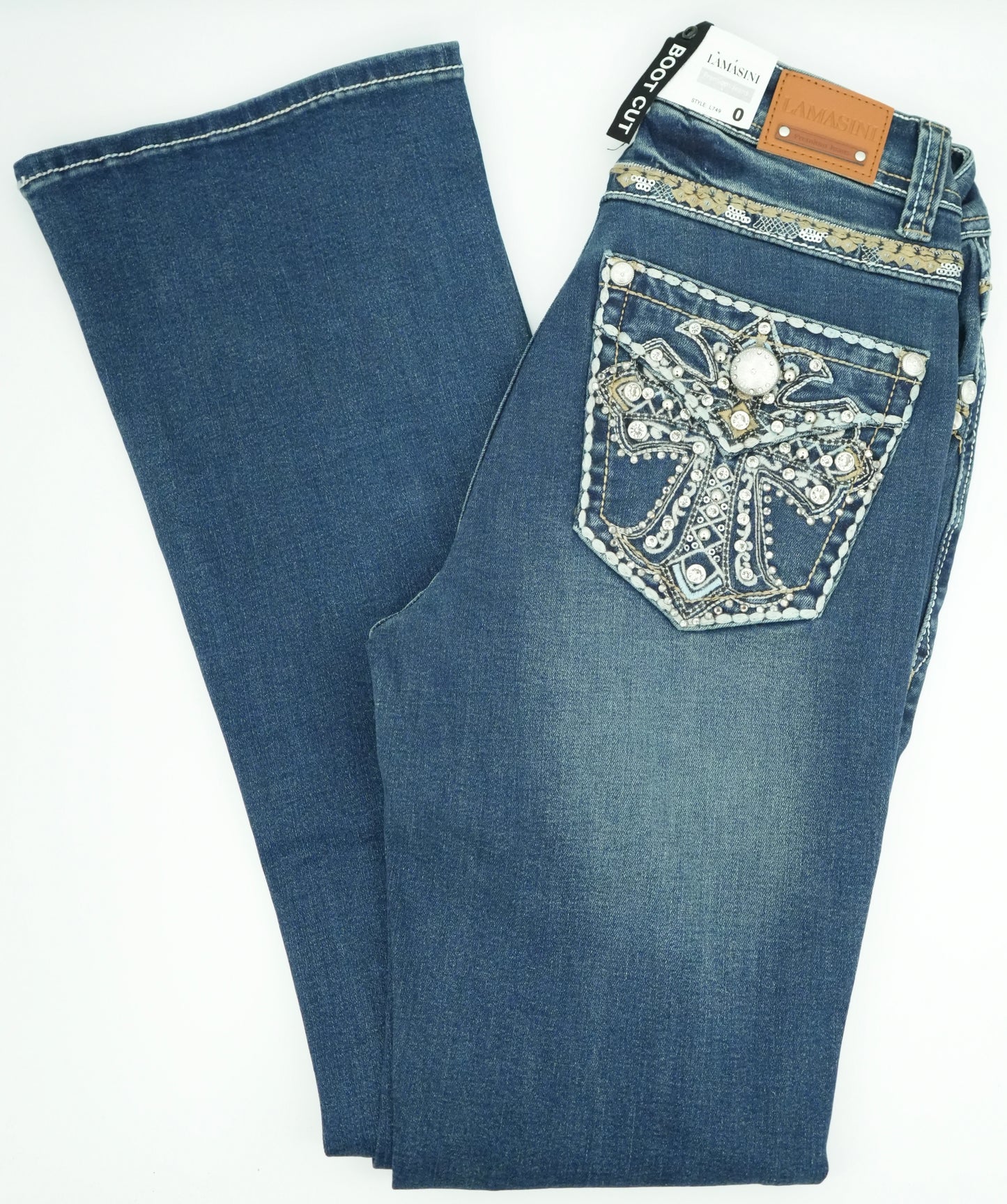 Lamasini Women's Bling Cross Pocket Bootcut Jean Medium Blue