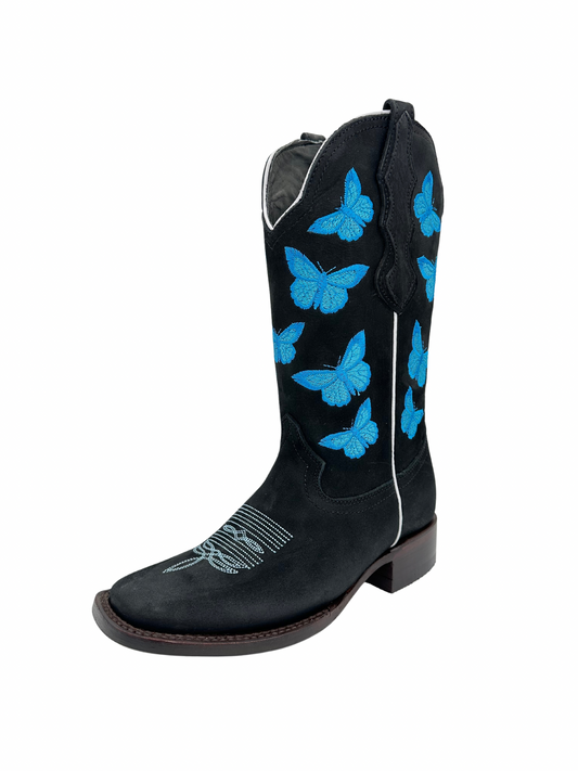 White Diamond Women's Black Butterfly Square Toe Leather Boot