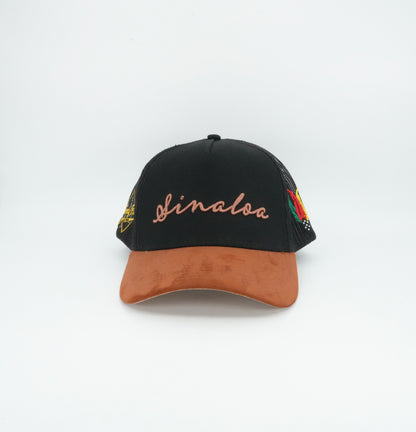 45 Sinaloa Cursive Trucker Cap Black Rust