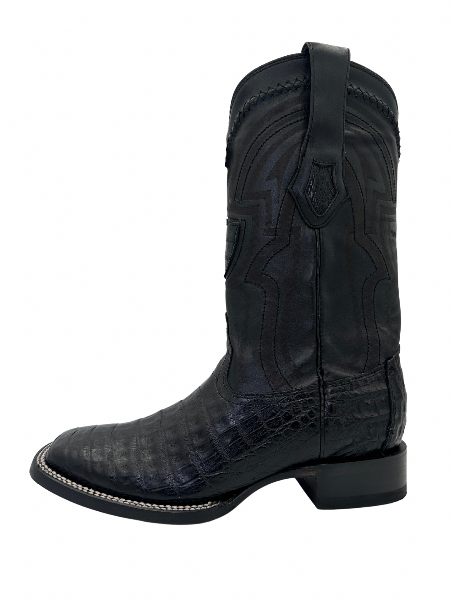 Wild West Men's Black Genuine Caiman Belly Wide Square Toe Boot