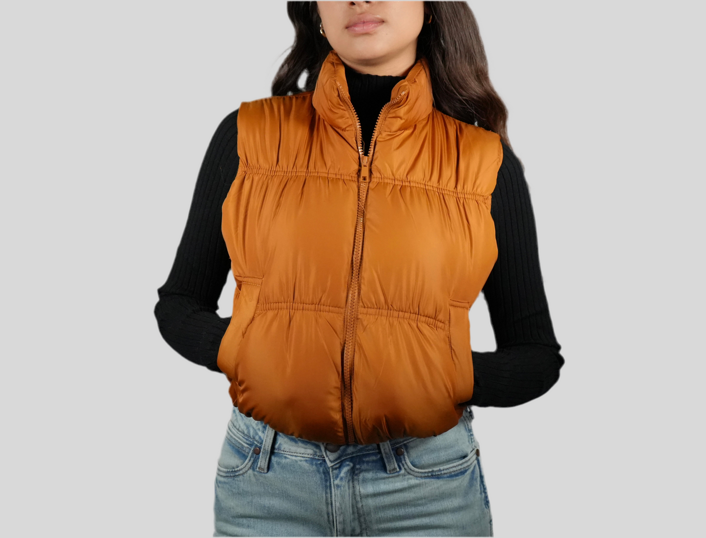 Blashe Cropped Zip Up Cognac Puffer Vest