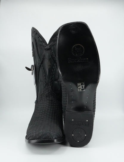 Rock'em Men's Petatillo Braided Leather Black Wide Square Toe Boot