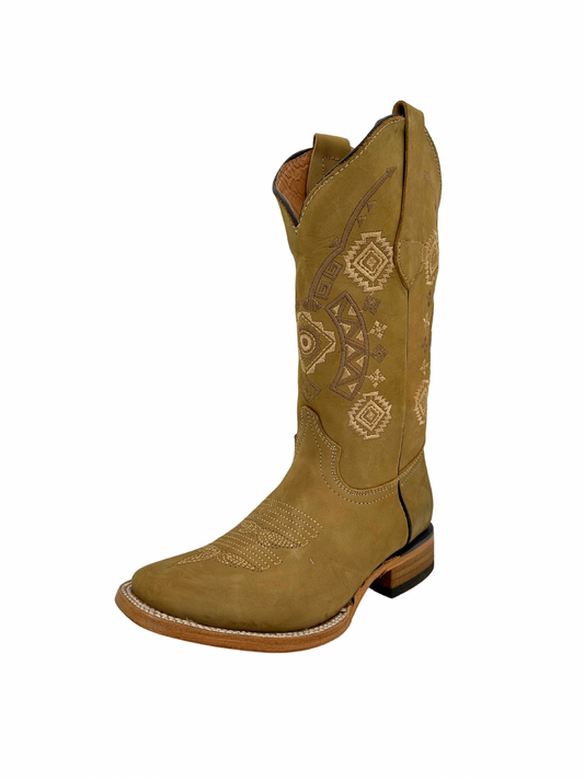Potrero Boots Women's Nobuck Honey Aztec Wide Square Toe Leather Boot