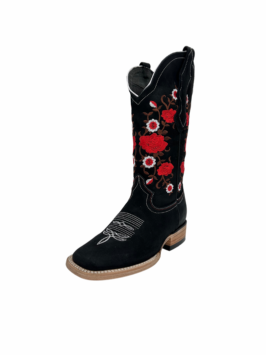 White Diamond Women's Black Red Floral Square Toe Leather Boot