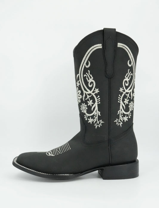 Centenario Women's Black Floral Embroidered Wide Square Toe Boot