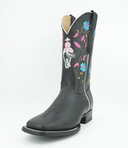 El General Women's Black Grasso Floral Wide Square Toe Boot